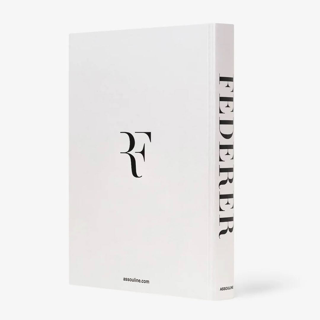 White book cover with 'Federer' text and RF logo
