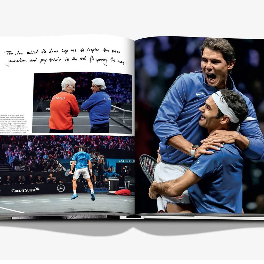 Federer_Classic_book_3 Open book showing tennis legends in emotional moments.
