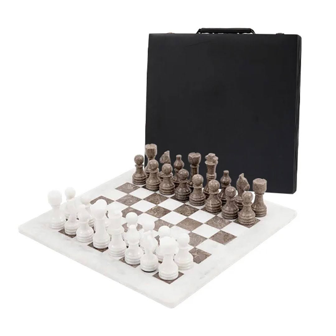 Portable marble chess set with pieces displayed