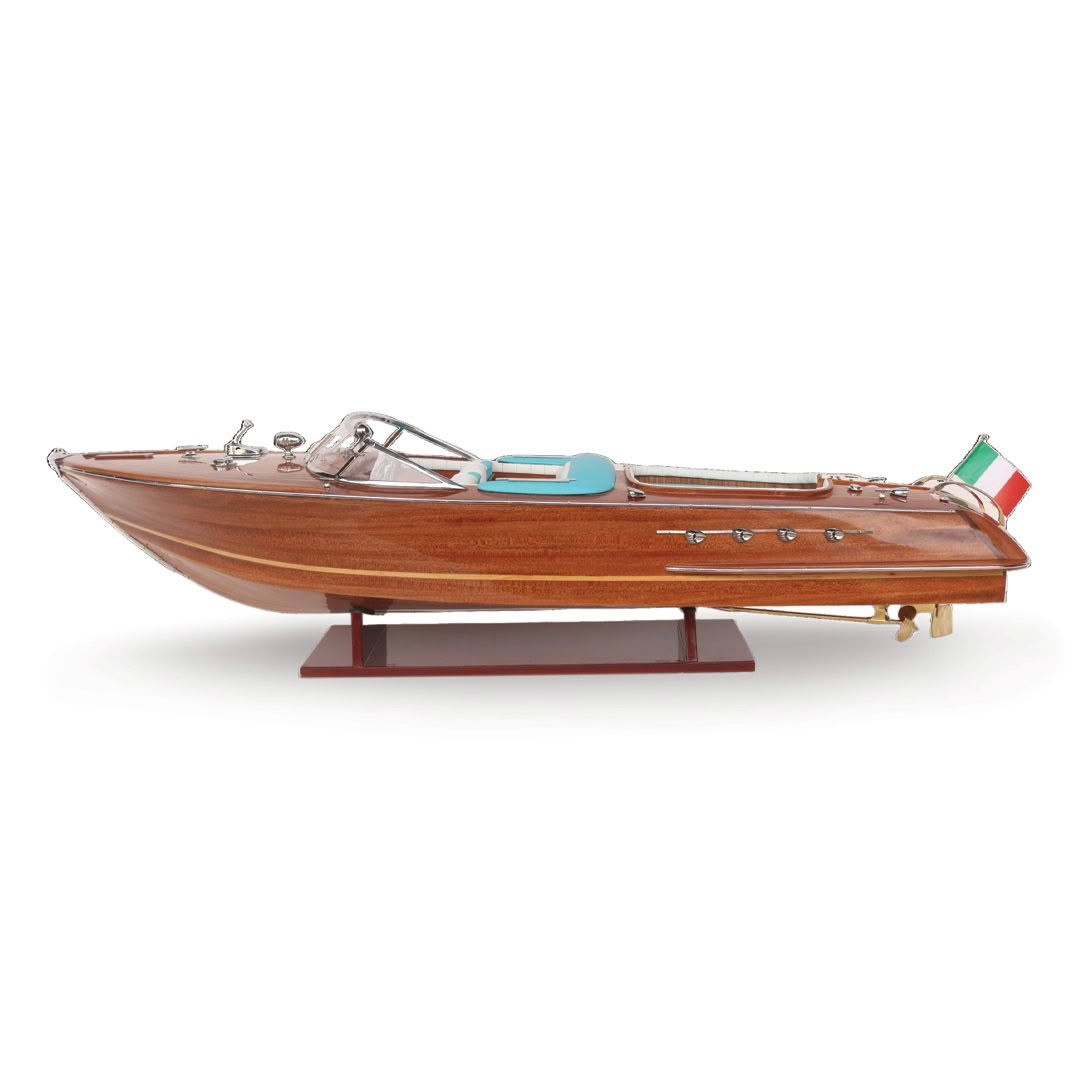 Vintage wooden speedboat model with Italian flag