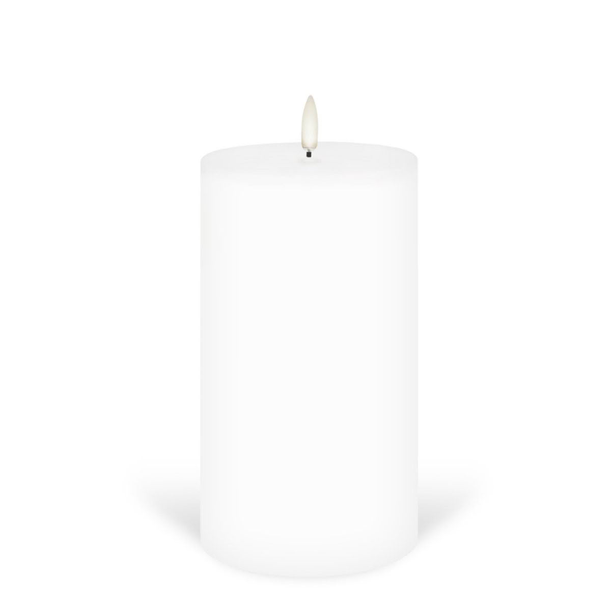 White pillar candle on plain background