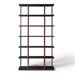 Modern black and wood five-tier shelving unit