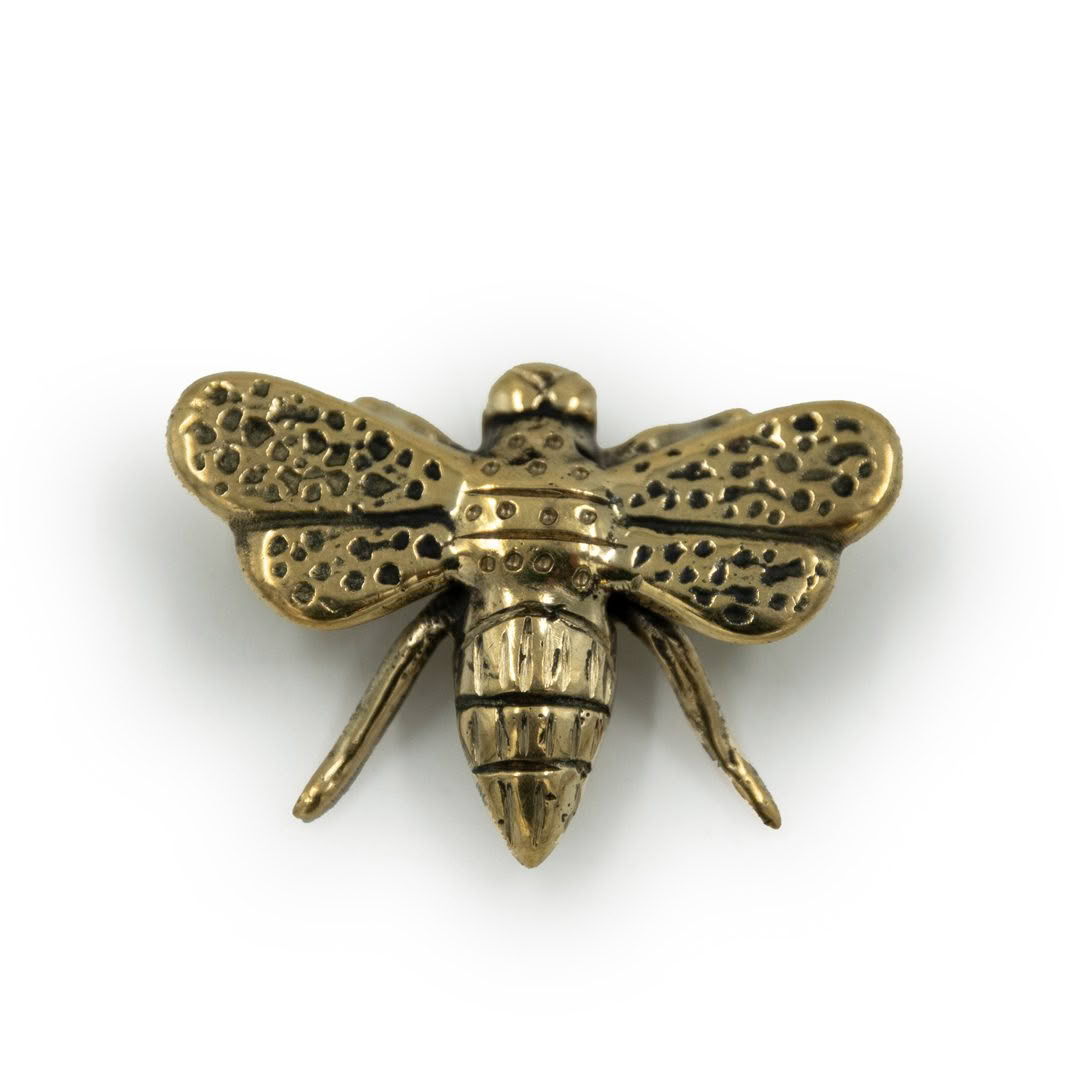 Antique brass bee-shaped brooch on white background