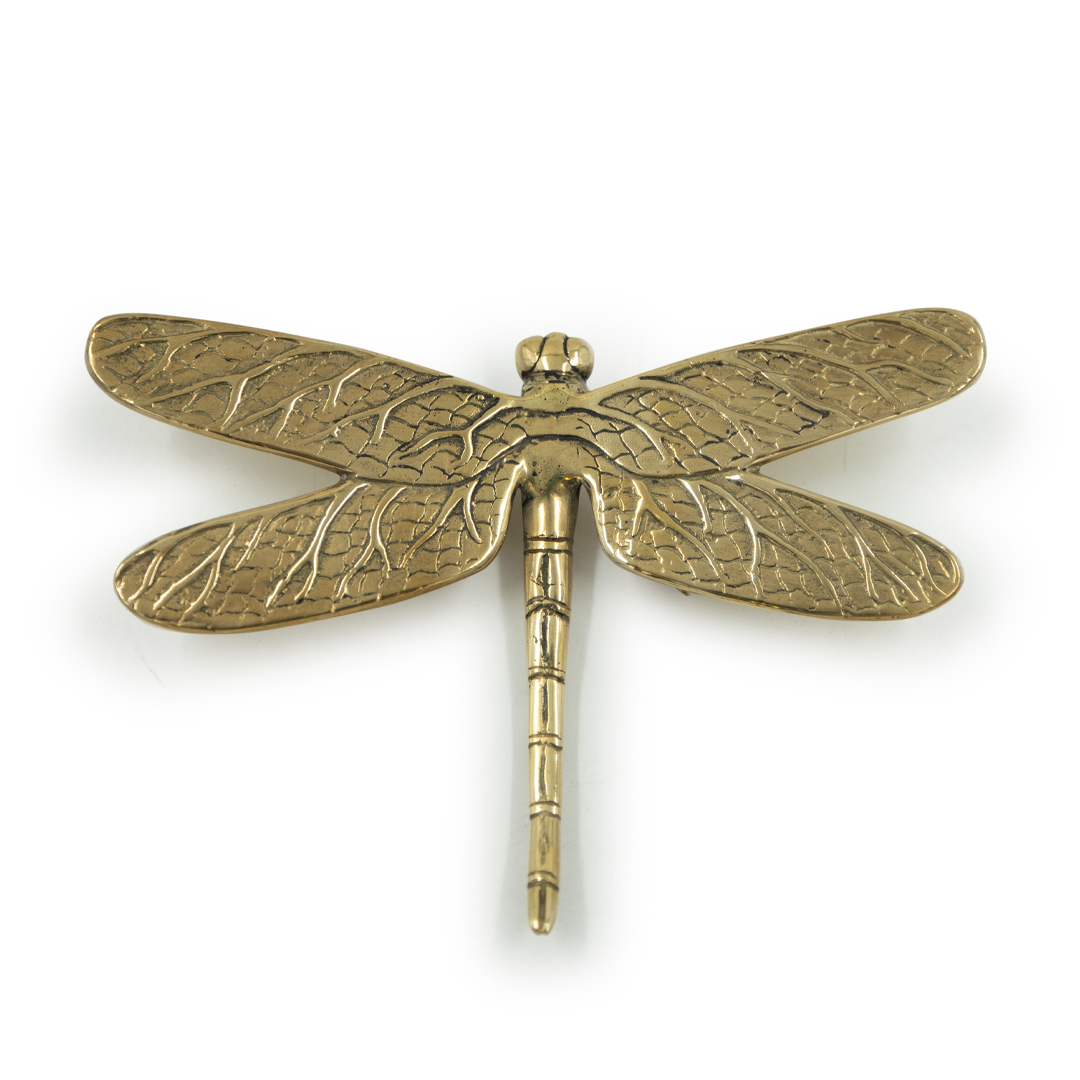 Gold dragonfly pin with detailed textured wings