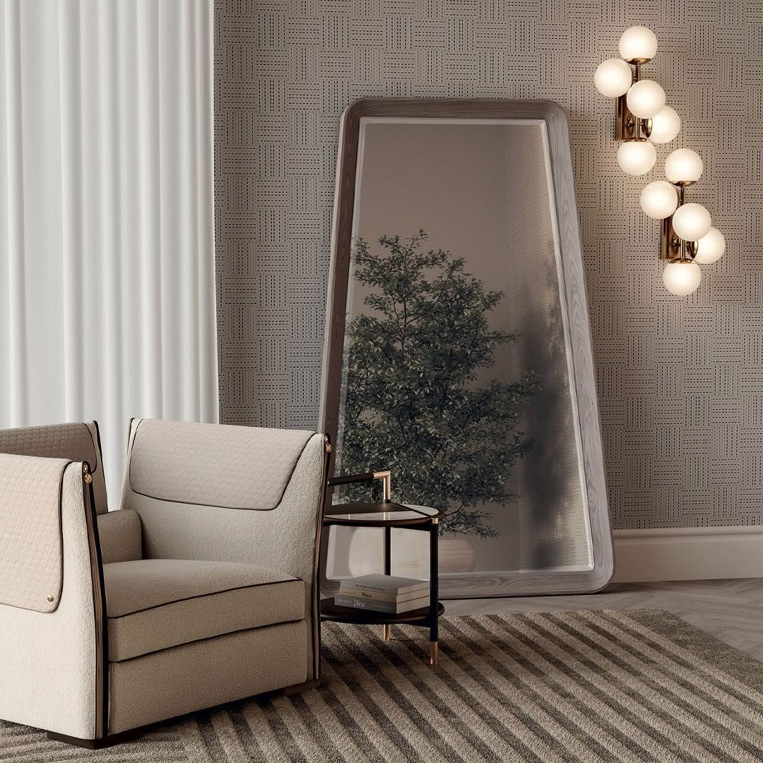 Elegant interior with large mirror and modern chair