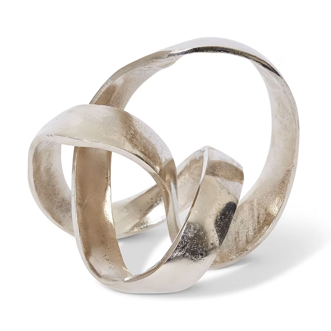 Interlocked silver metallic decorative bands on white