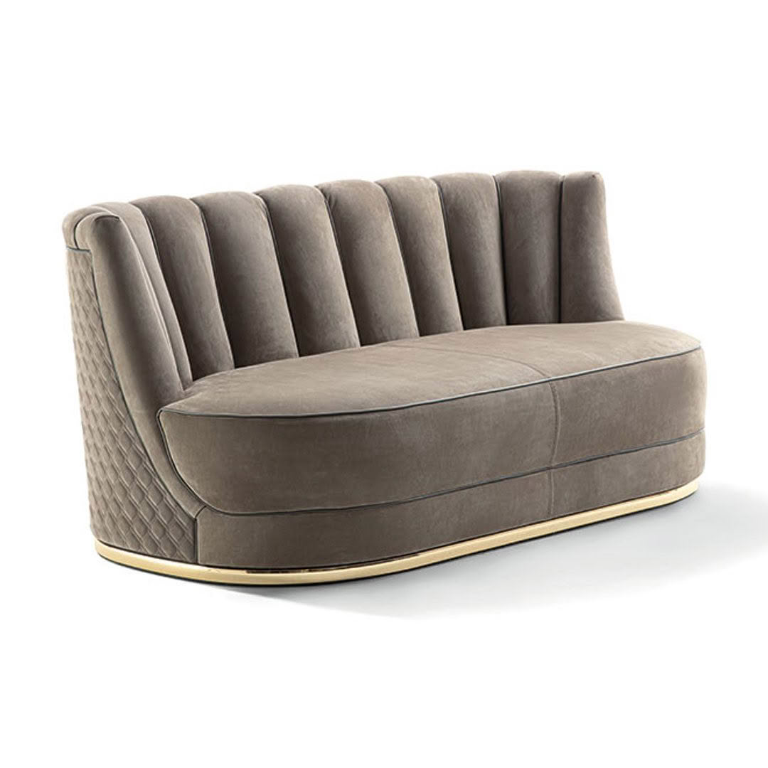 Elegant gray tufted half-circle sofa with gold trim
