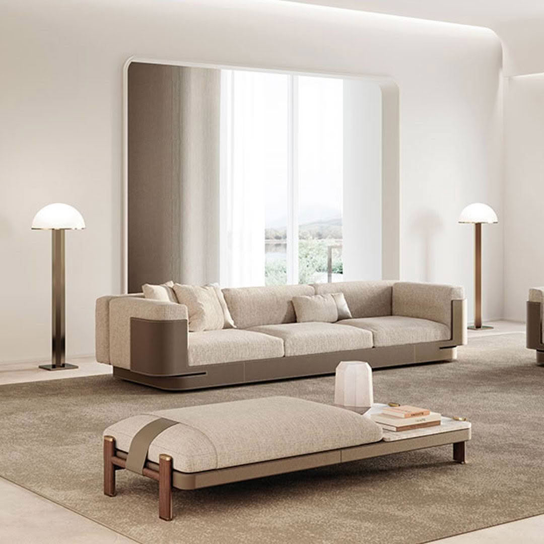 Modern living room with sofa and scenic window view