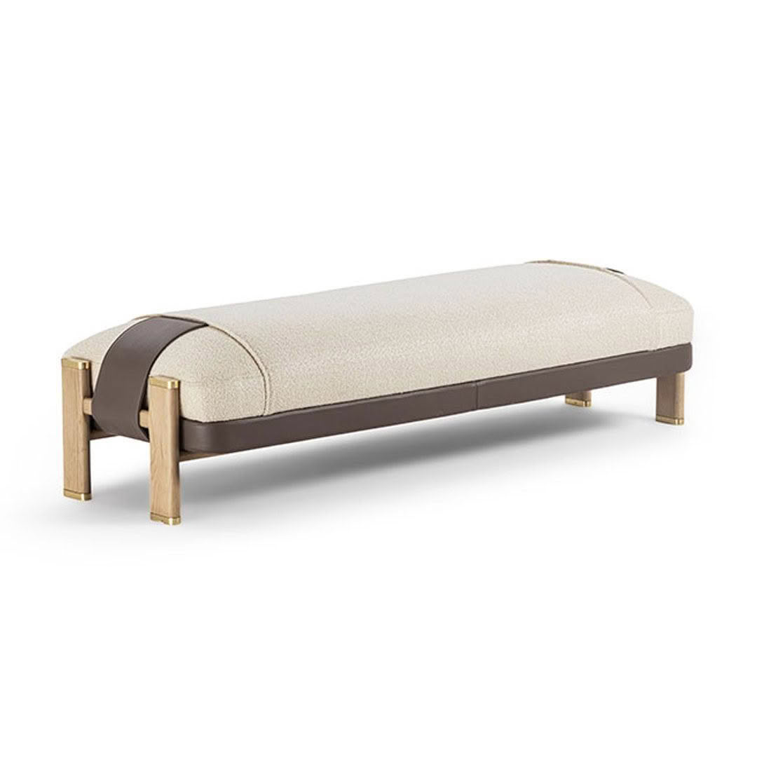 Elegant modern bench with golden legs and beige cushion