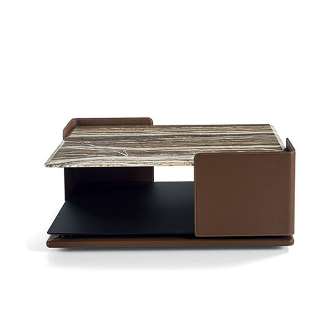 Modern multi-level coffee table with stone and leather