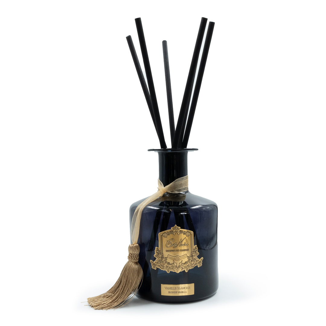 Elegant navy blue reed diffuser with black sticks