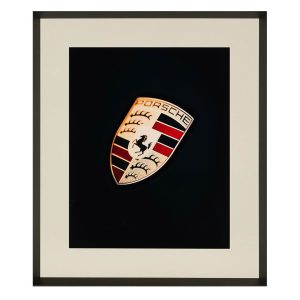 Framed Porsche logo with black and beige borders