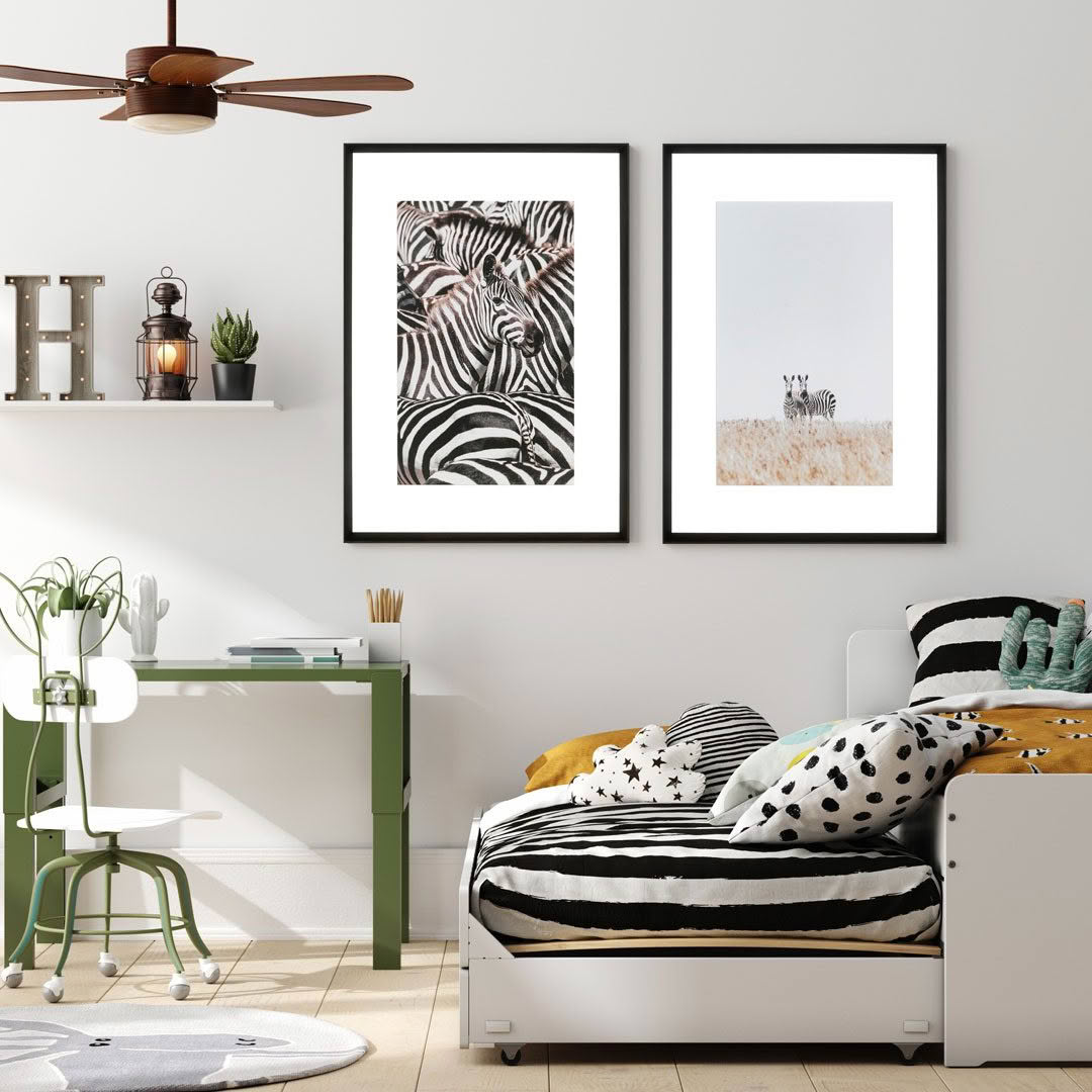 Stylish bedroom with zebra-themed artwork and decor