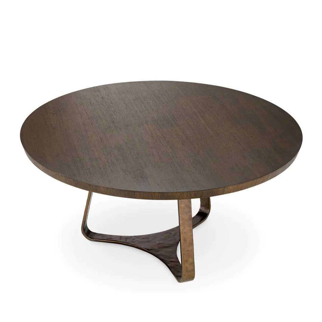 Round wooden coffee table with unique metal base