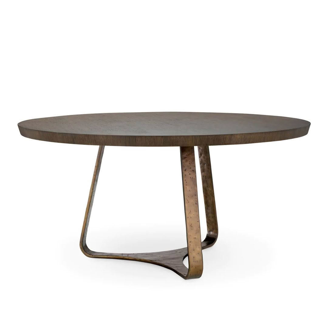 Round wooden table with unique metallic base