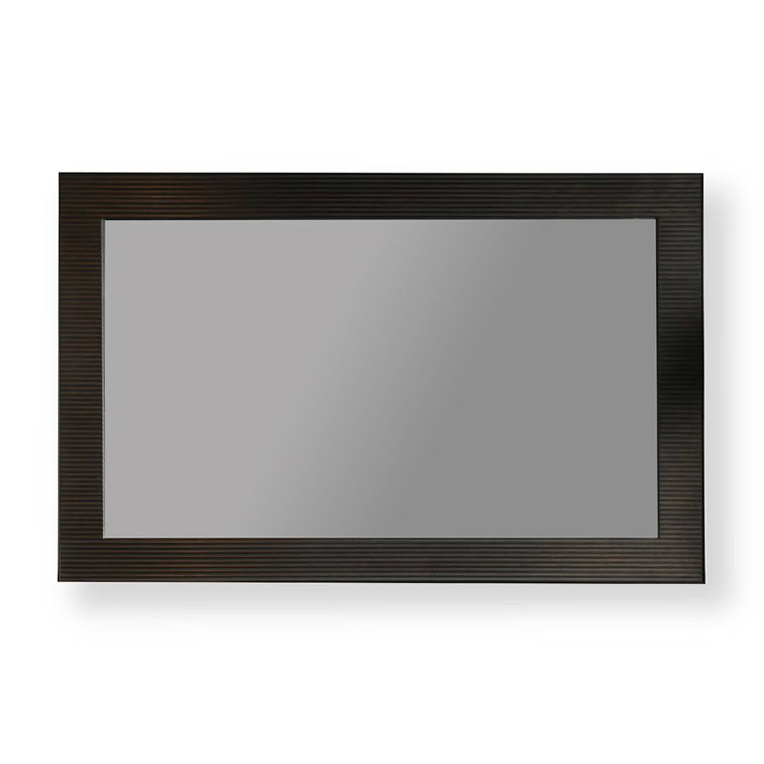 Dark-framed empty reflective wall mirror on white