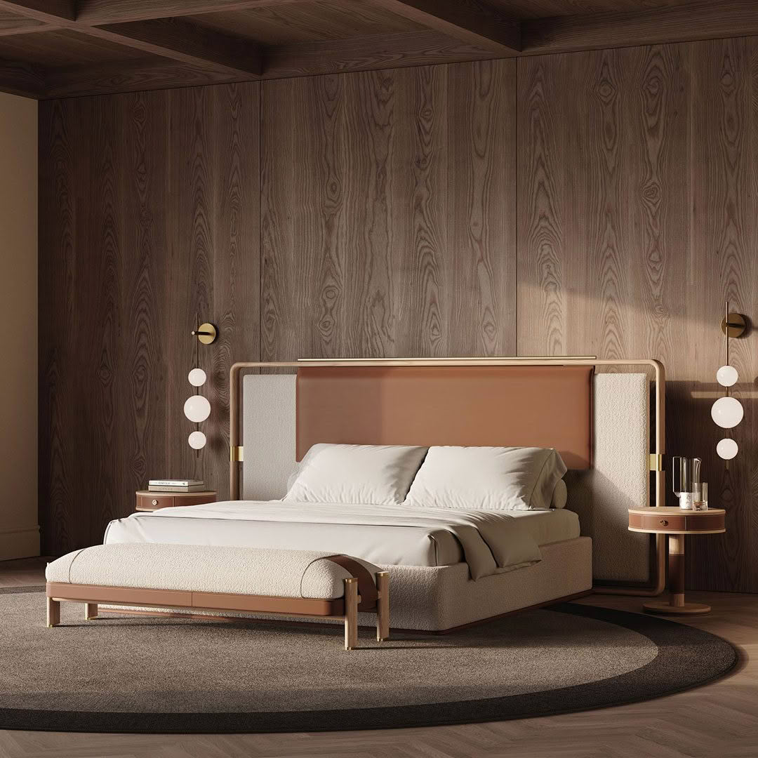 Elegant modern bedroom with wooden panel walls