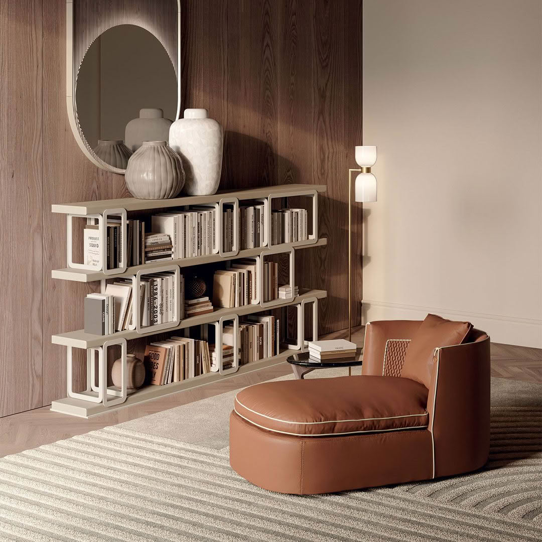 Modern living room with unique bookshelf and leather chair