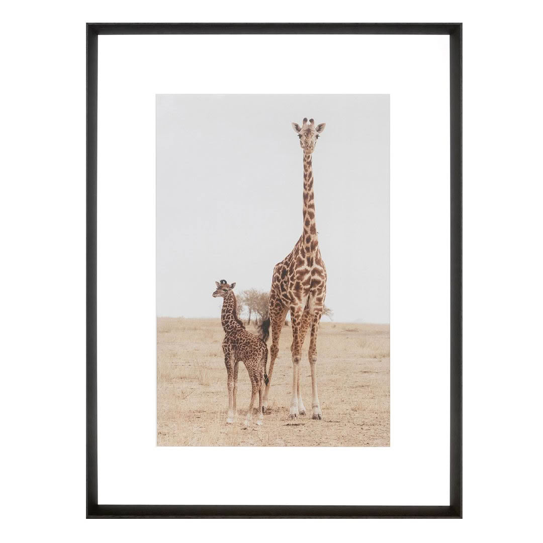 Adult and baby giraffe standing in savannah.