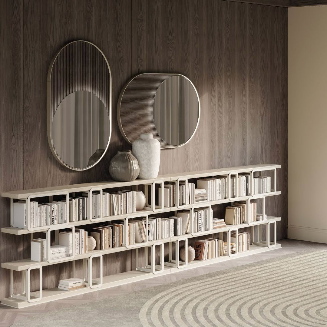 Modern bookshelf with decorative mirrors and vases