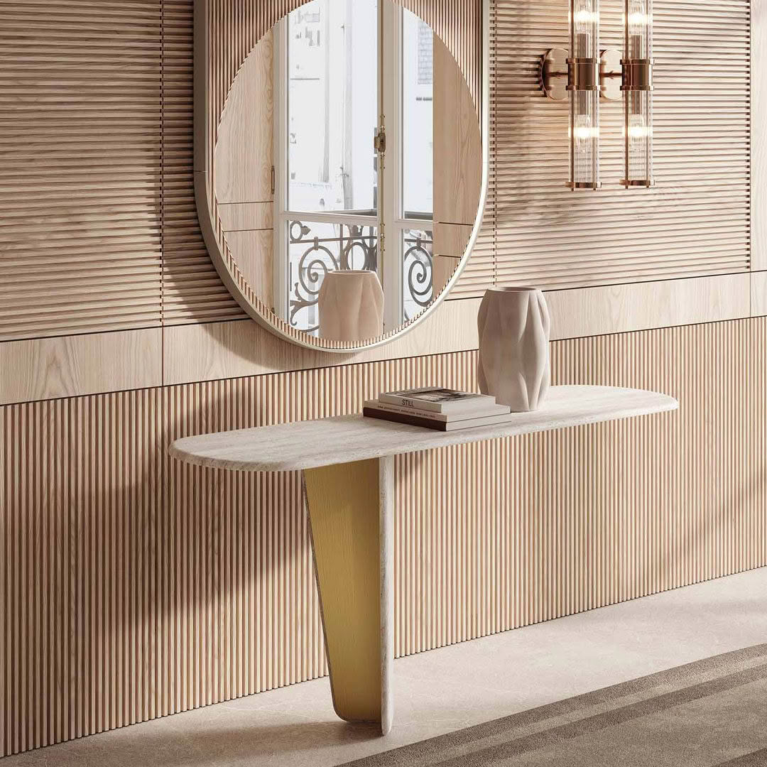 Elegant interior with wooden console table and round mirror