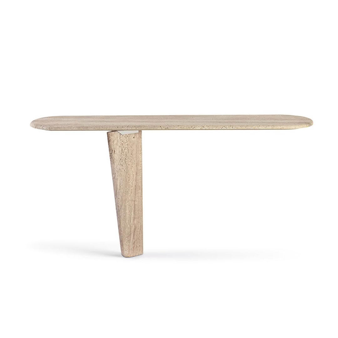 Minimalist wooden T-shaped table on white background