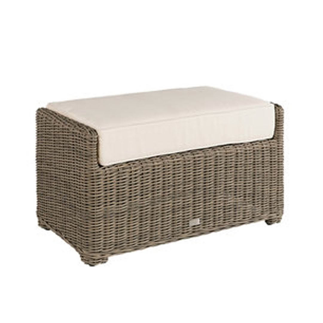 Beige wicker outdoor storage bench with white cushion