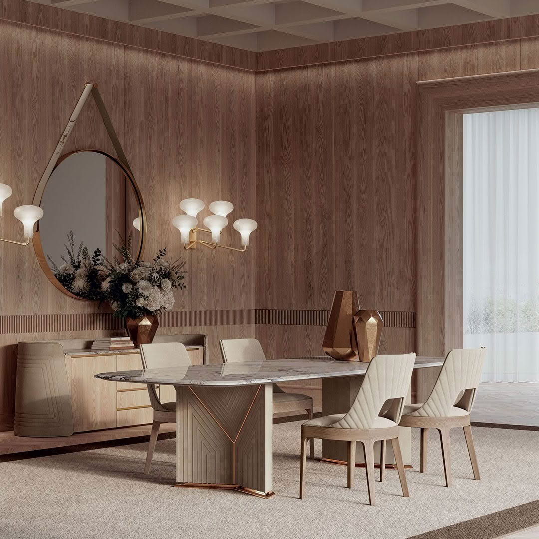 Elegant modern dining room with wooden paneling and decor