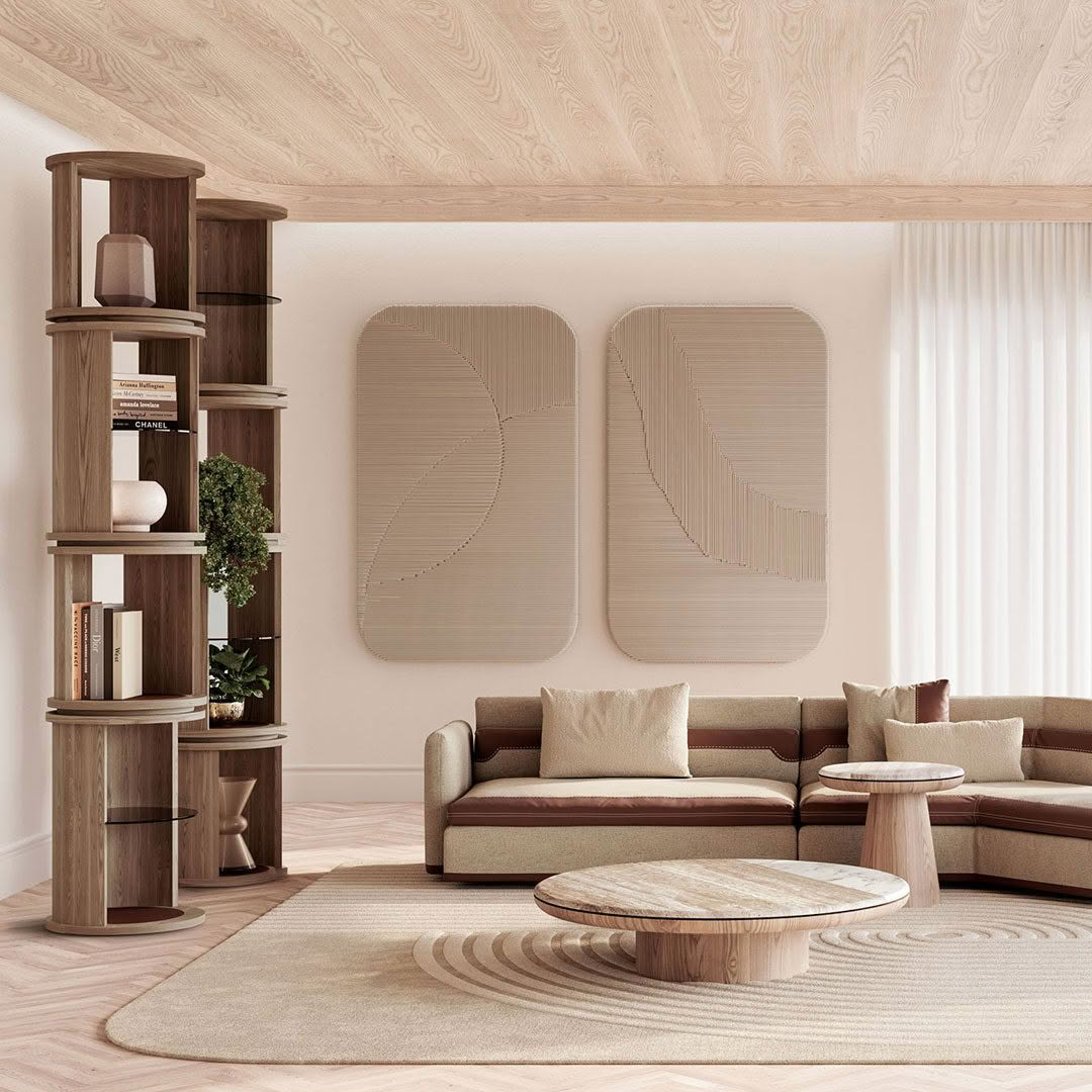 Elegant minimalist living room with wooden furniture.