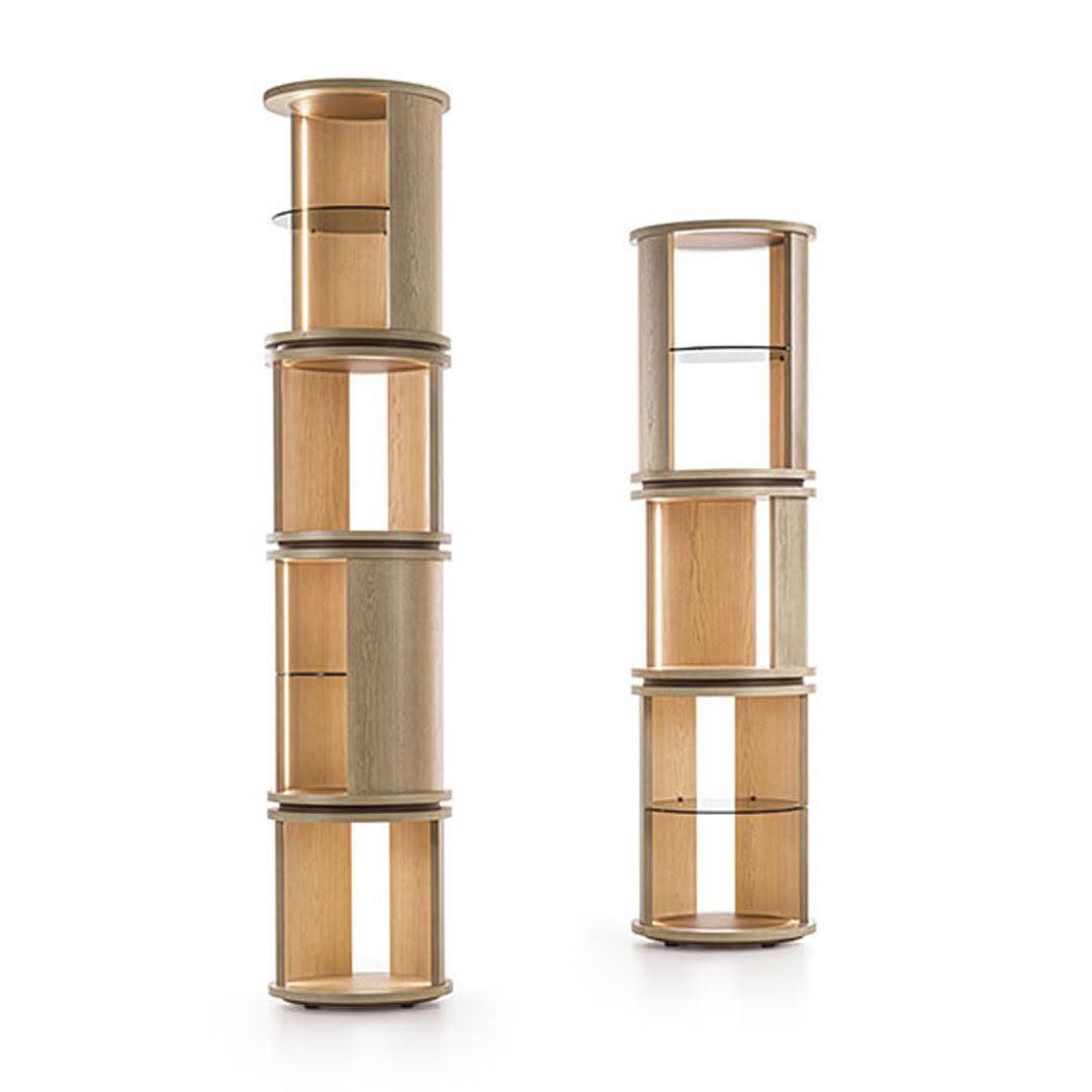 Two wooden cylindrical modern shelving units