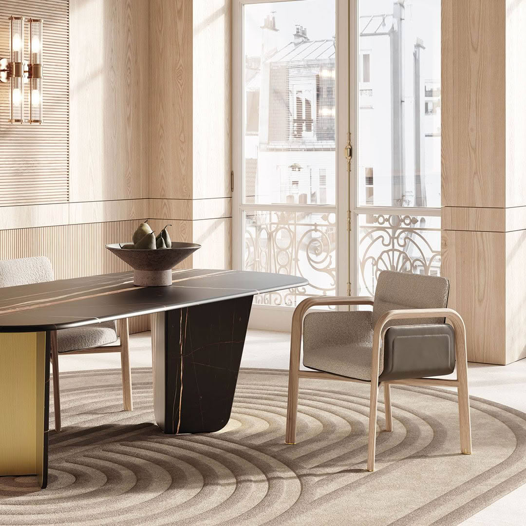 Modern dining room with stylish furniture and city view