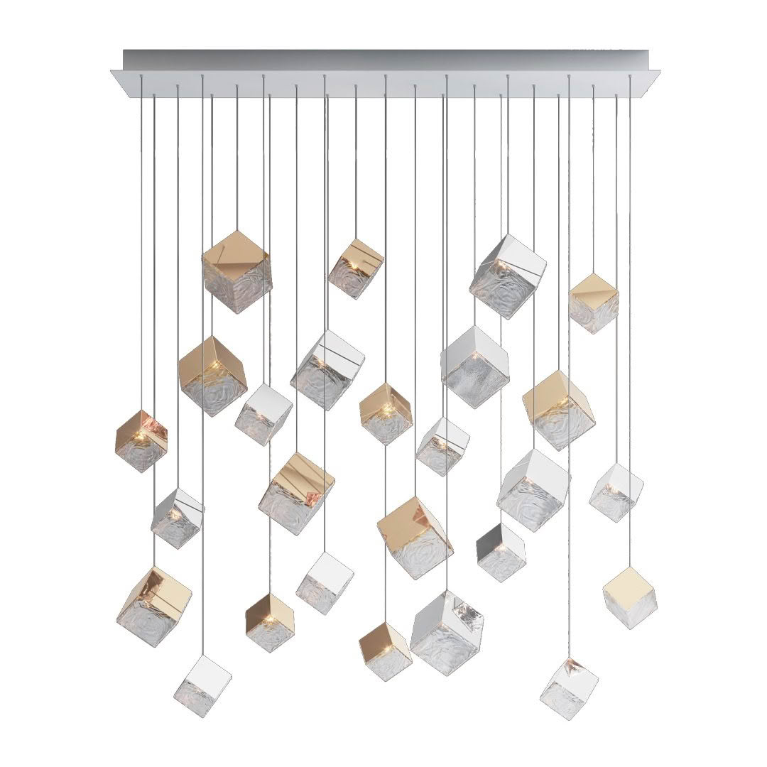 Modern chandelier with hanging mirrored cubes