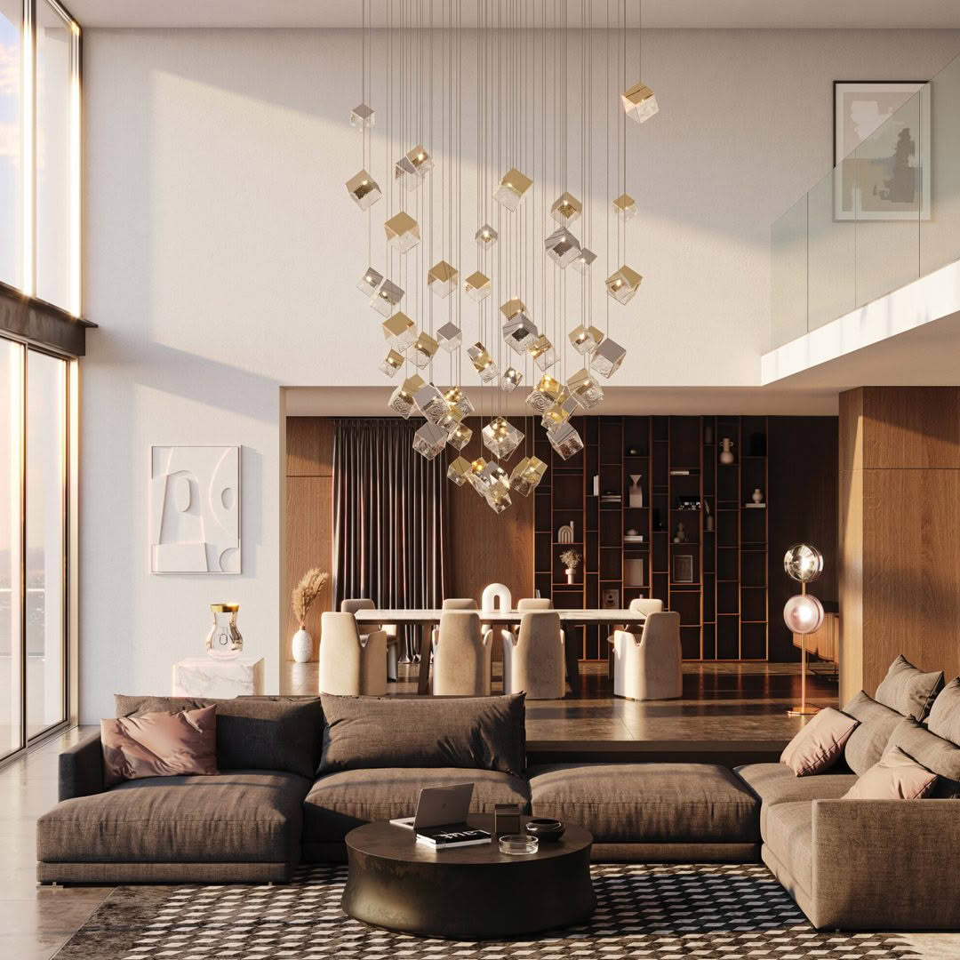 Luxurious living room with modern furniture and elegant chandelier