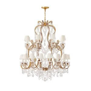 Elegant crystal and gold chandelier with lampshades