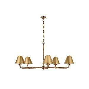 Antique brass chandelier with six shaded lights