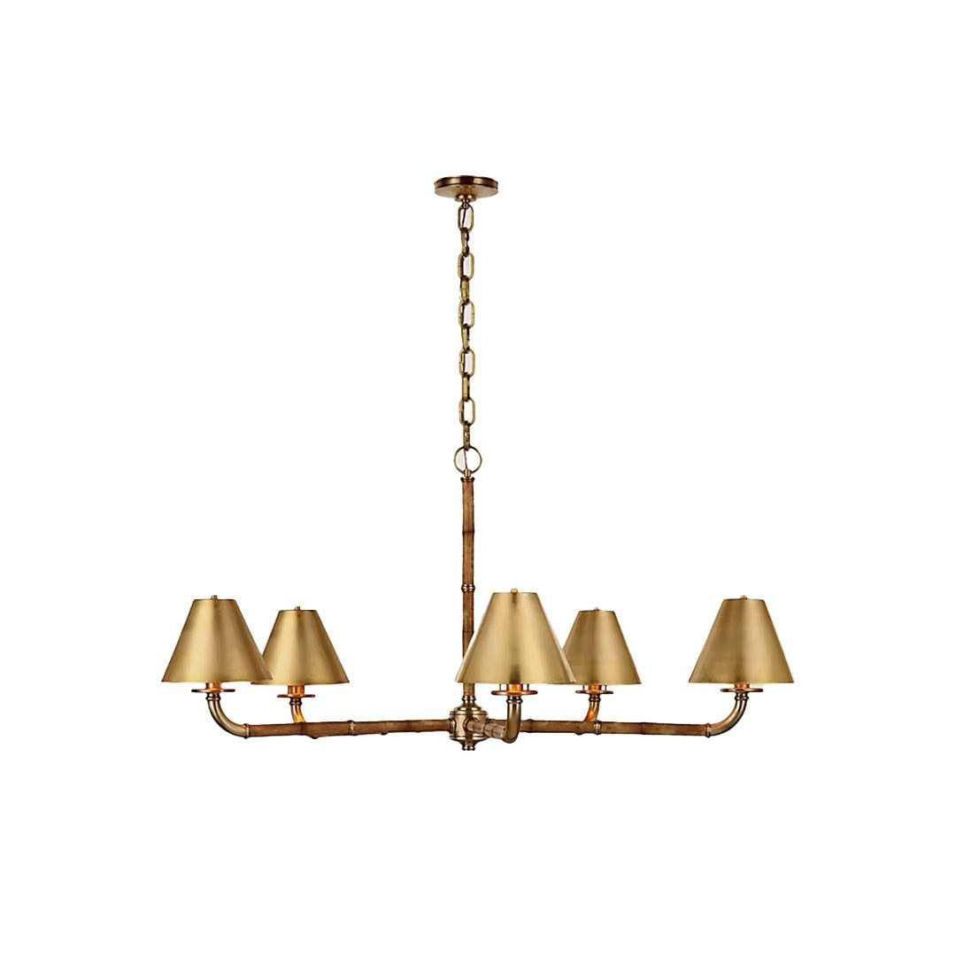 Antique brass chandelier with six shaded lights