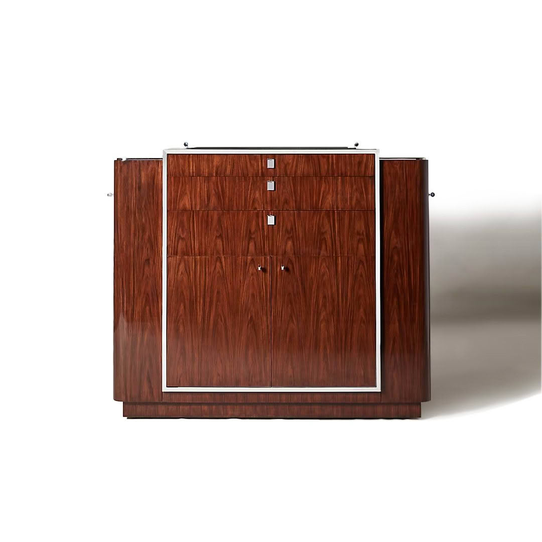 Elegant wooden cabinet with silver handles on white background