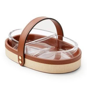 Clear and brown leather partitioned serving dish