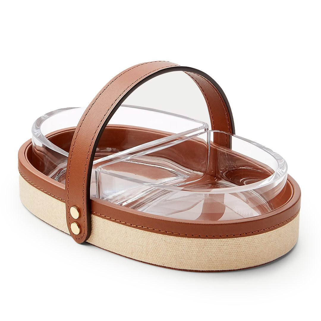 Clear and brown leather partitioned serving dish