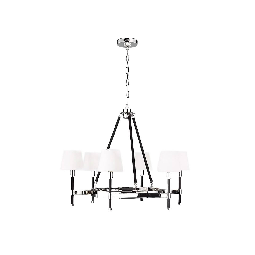 Modern chandelier with white shades and chrome finish