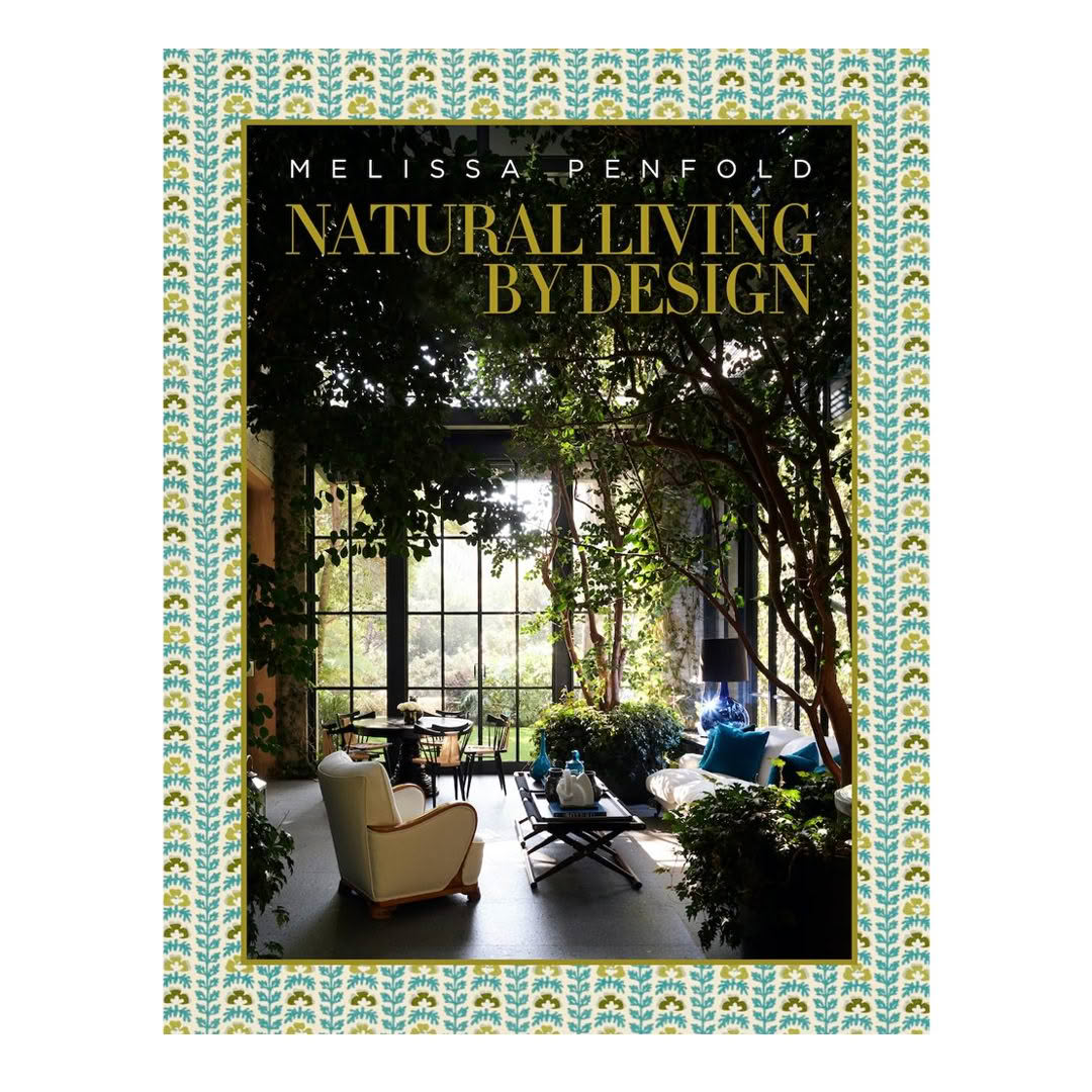 Book cover 'Natural Living by Design' with garden room view.