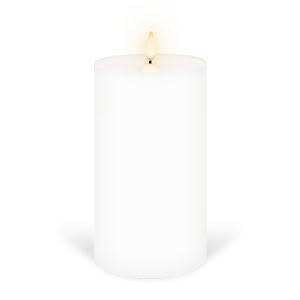 Lit white pillar candle on white background