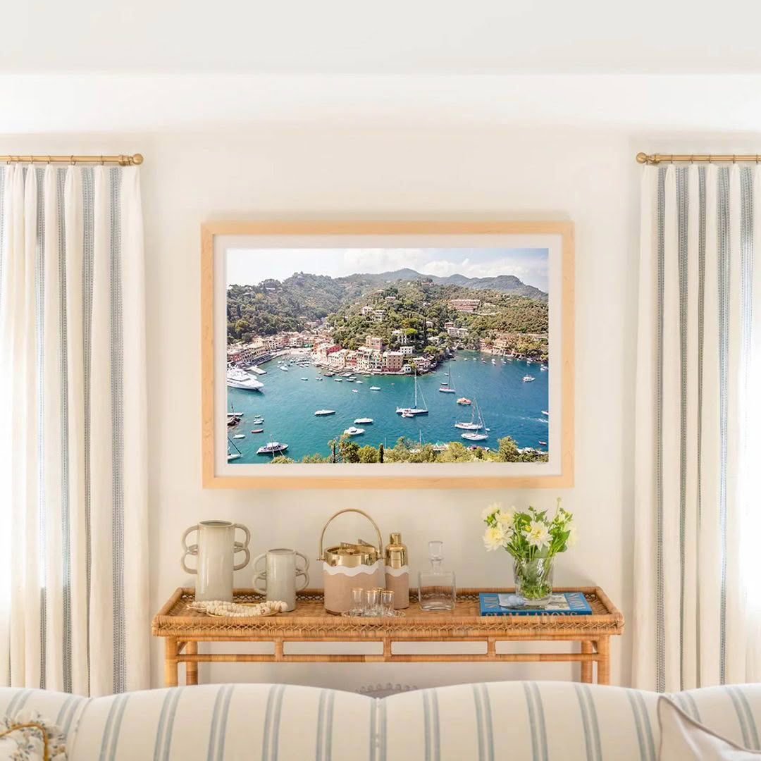 Coastal view framed picture above cozy living room