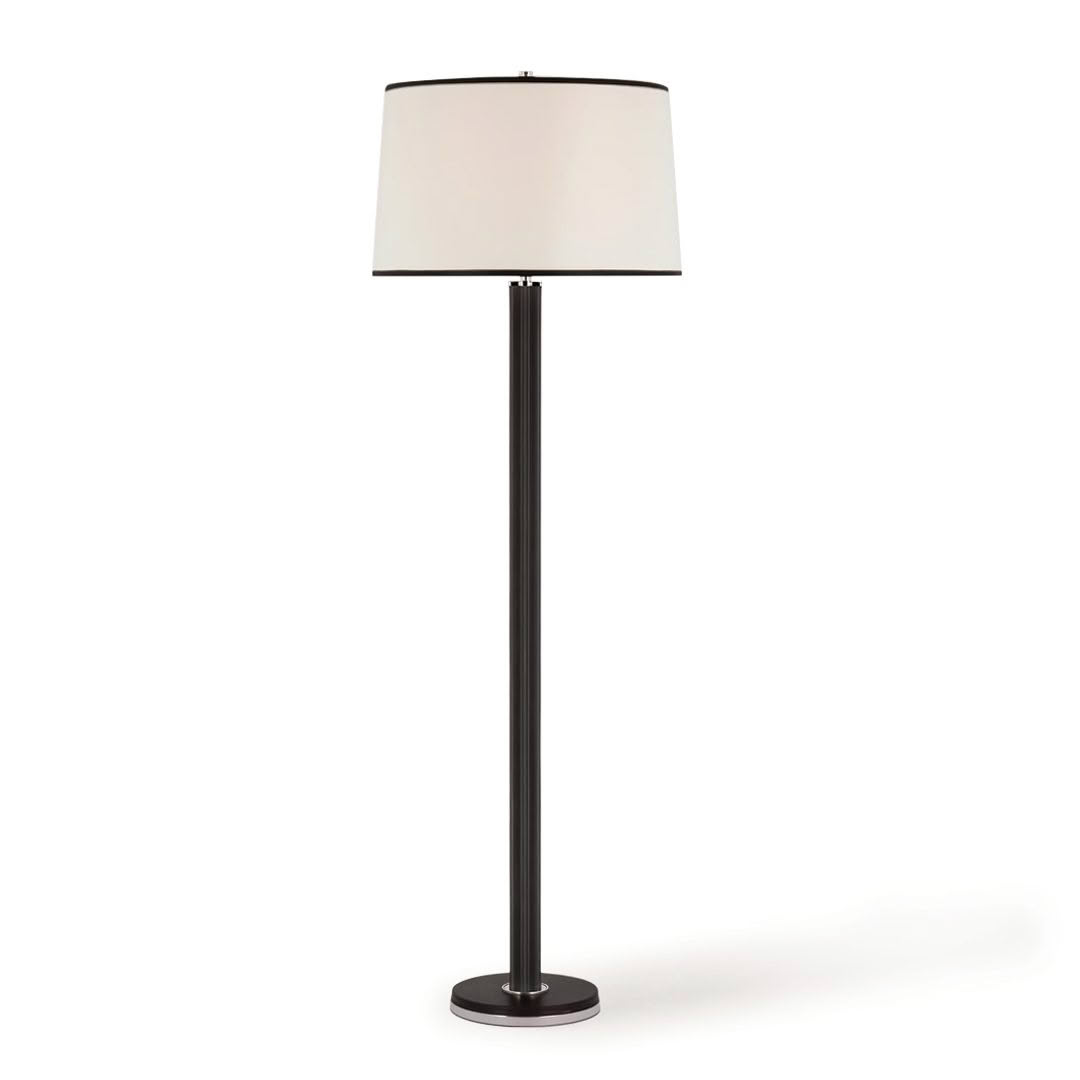 Tall floor lamp with white shade and black base