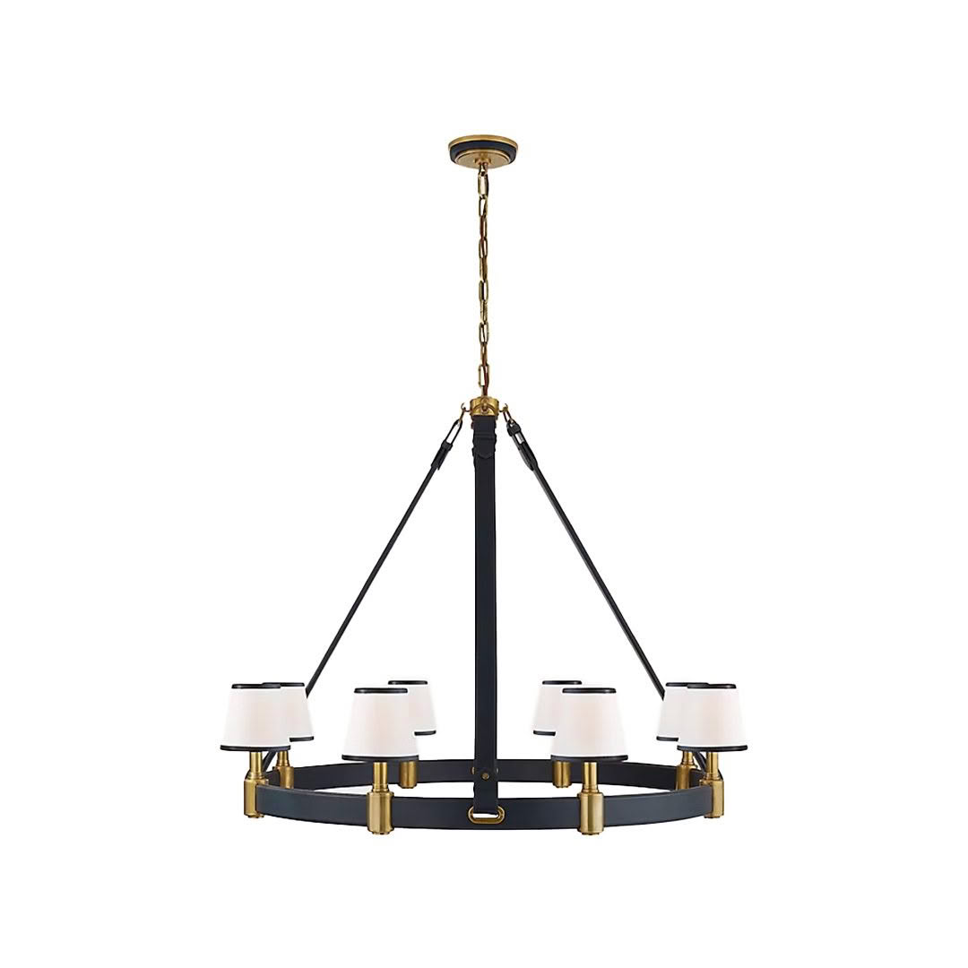 Modern circular chandelier with black and gold accents