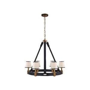 Modern chandelier with brass accents and white shades