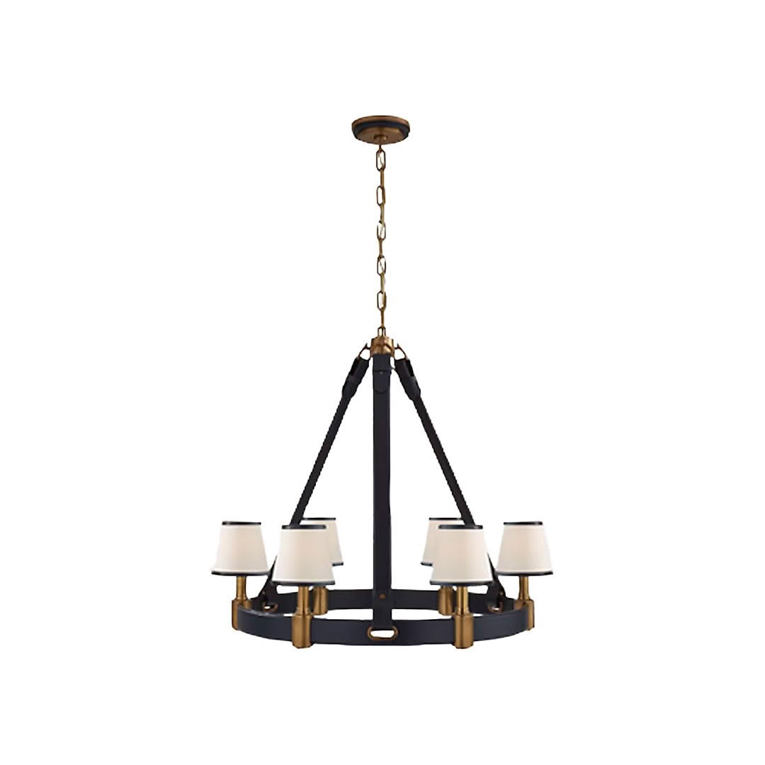 Modern chandelier with brass accents and white shades