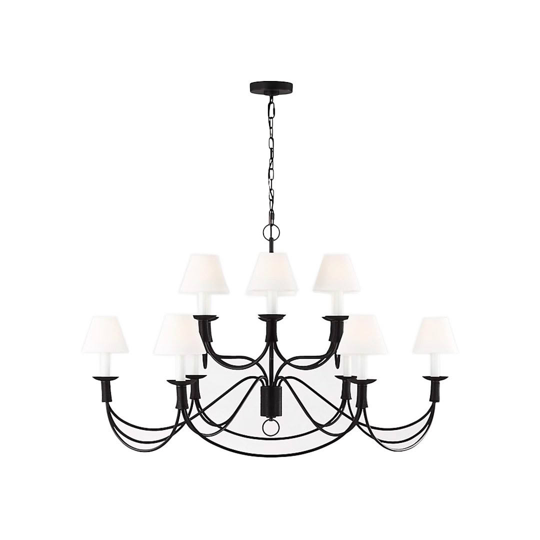 Elegant black chandelier with white lampshades isolated