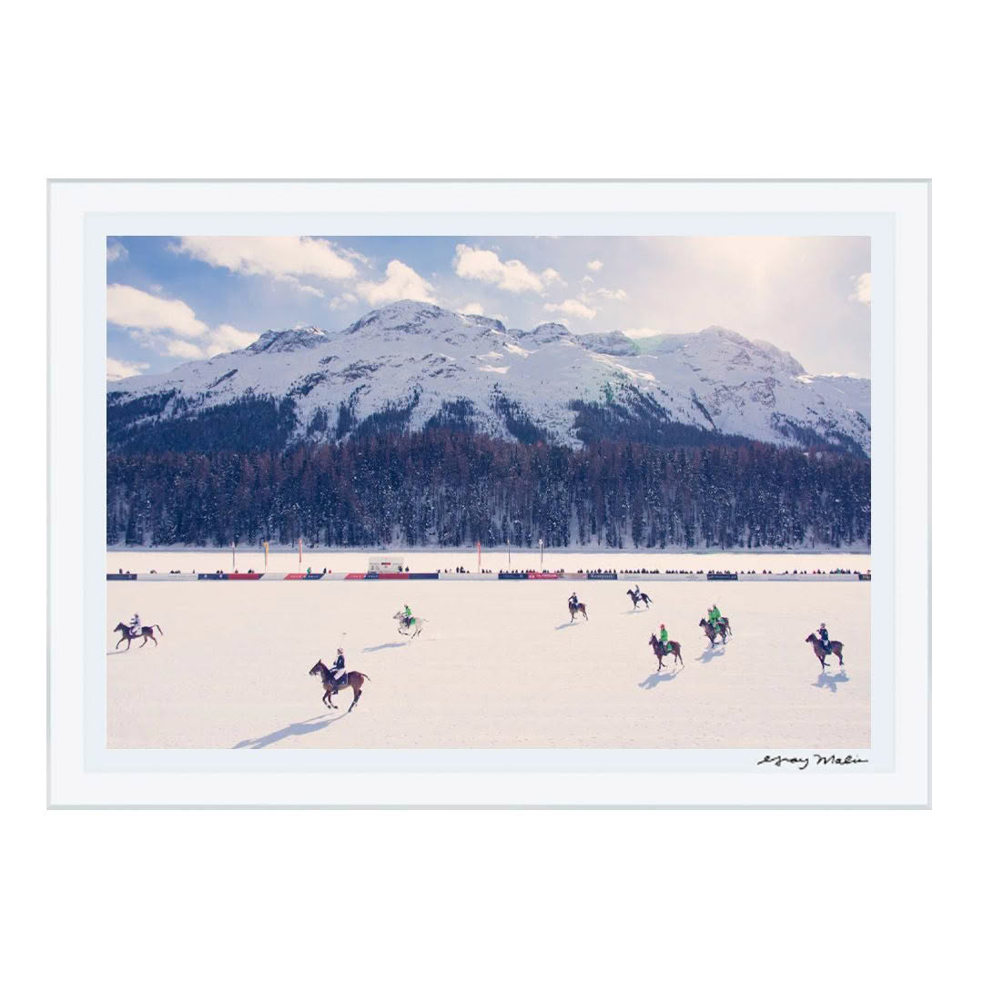 Winter horse race on snowy mountain landscape
