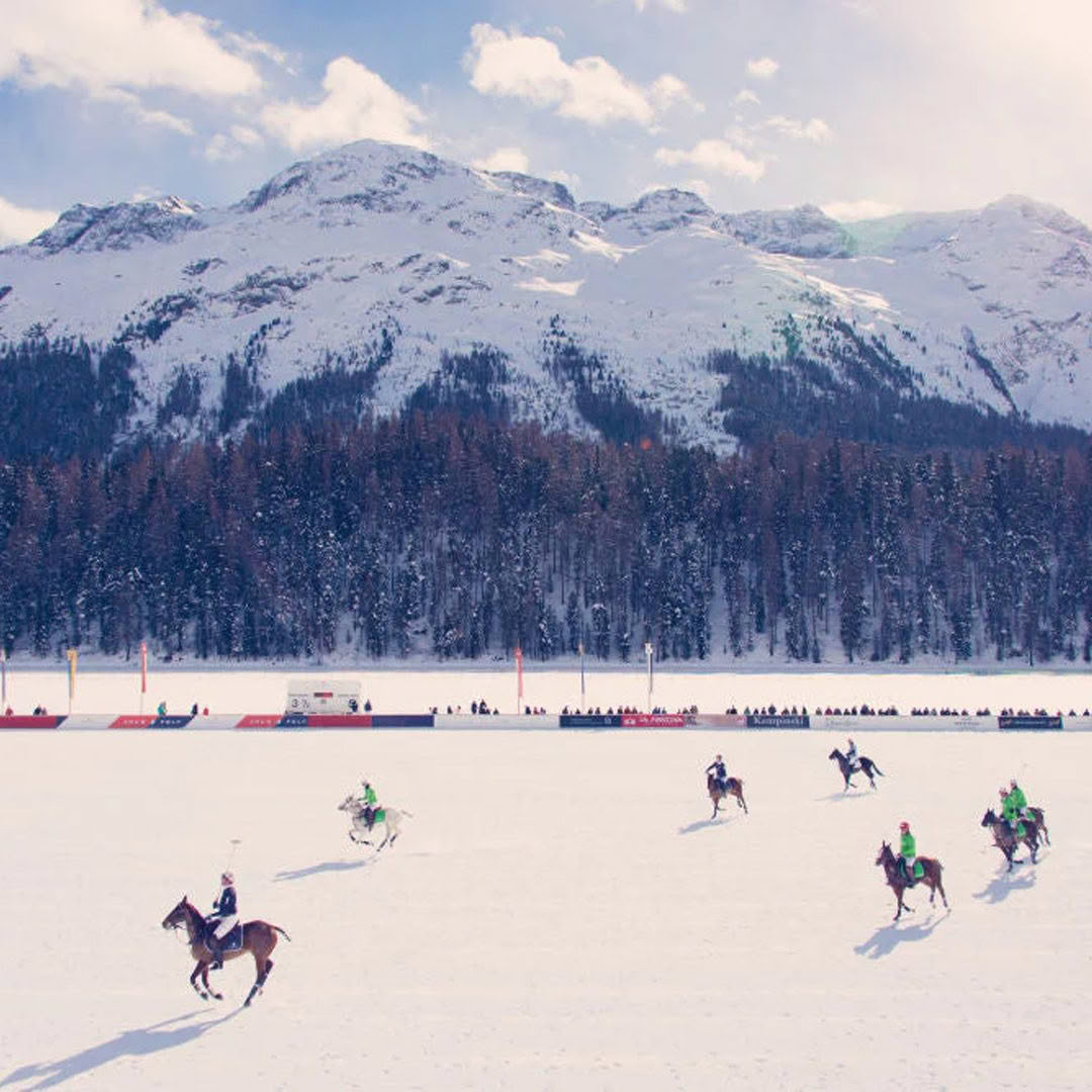 Horse race on snowy field with mountain backdrop